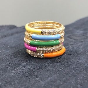 Stackable 5  enamel rings colorful fin with pave rhinestones.